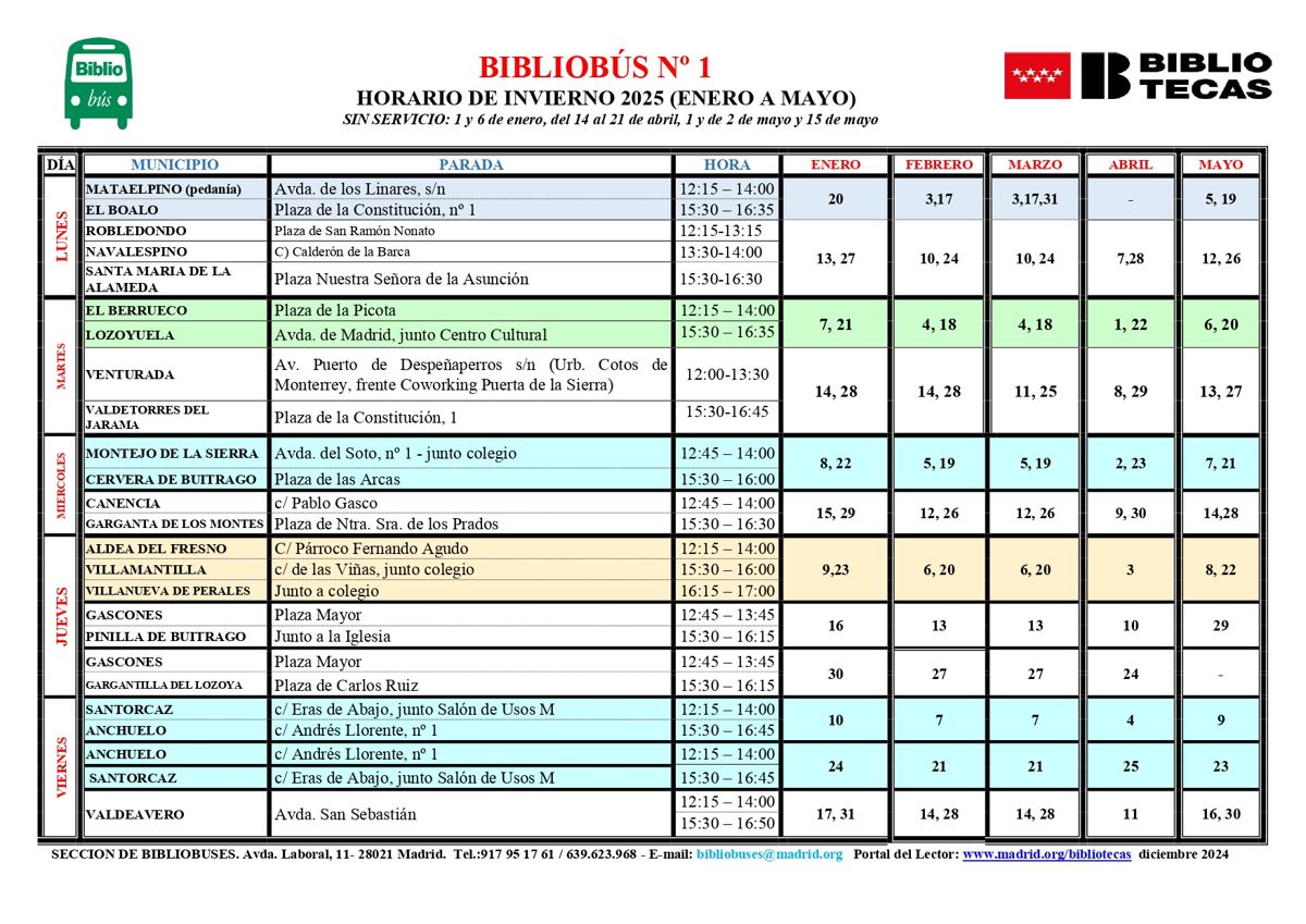 BIBLIOBUS 1 HORARIO INVIERNO ENERO-MAYO 2025